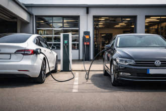 Voitures modernes en recharge devant un garage, illustrant le choix entre essence, hybride et électrique en France.