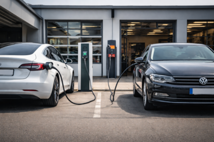 Voitures modernes en recharge devant un garage, illustrant le choix entre essence, hybride et électrique en France.