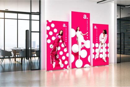 Trois panneaux lumineux LED verticaux de la marque adsystem avec visuels rose vif installés dans un espace bureau moderne et vitré