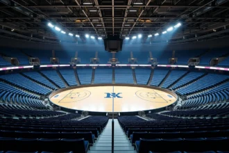 Vue panoramique de l'intérieur de l'Accor Arena Paris depuis les gradins supérieurs montrant la salle complète et la fosse en 2026