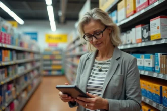 Femme inspectant une cartouche d'encre dans un magasin espagnol de fournitures de bureau