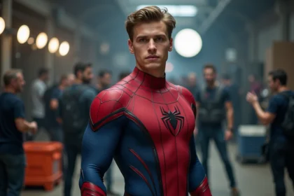 Acteur en costume de Spider-Man sur le tournage d'un film Marvel dans les coulisses d'un studio cinématographique