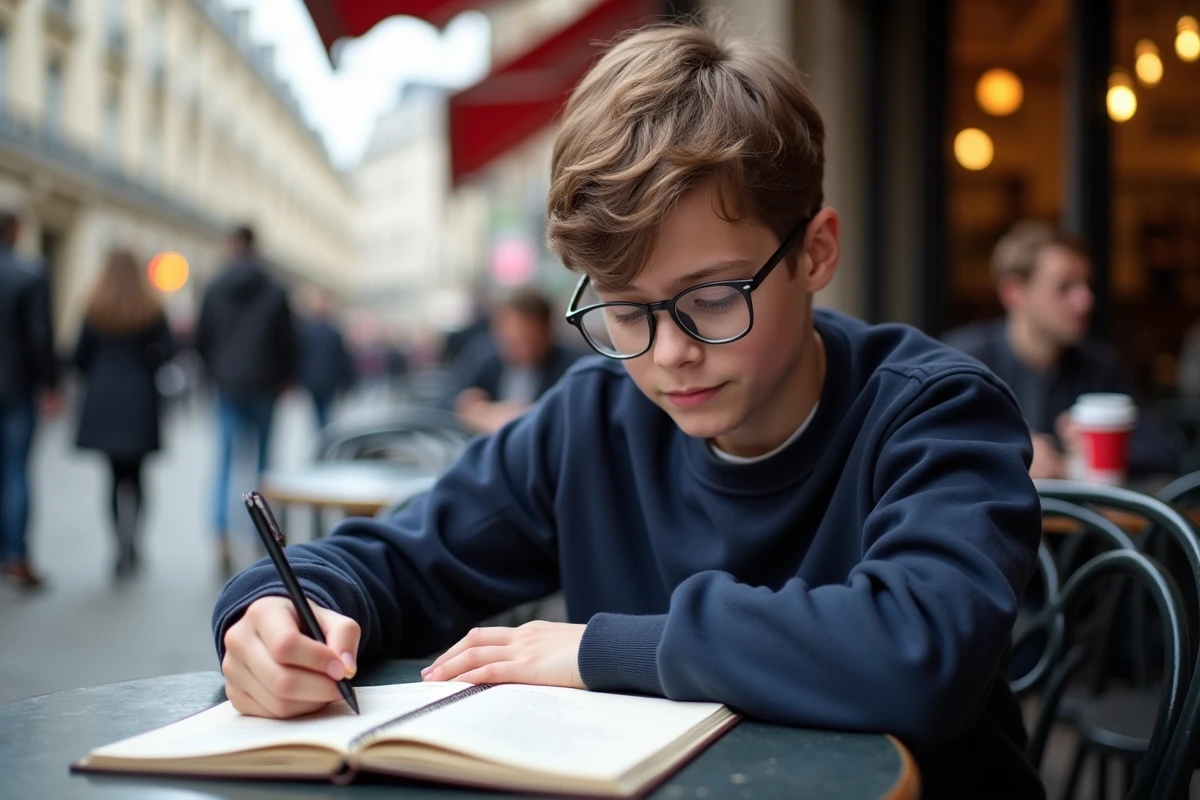 Adolescent écrivant dans un carnet sur une terrasse parisienne