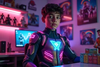 Adolescent en costume Fortnite classant des skins par rareté sur son bureau de gaming