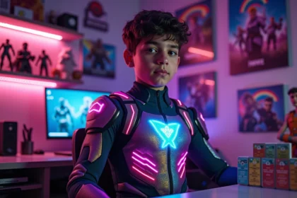 Adolescent en costume Fortnite classant des skins par rareté sur son bureau de gaming