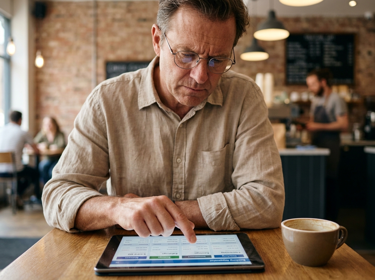 Entrepreneur consultant utilisant une application d'agrégation bancaire sur tablette dans un café pour suivre sa trésorerie globale