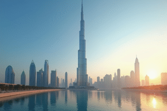 Almas Tower surplombant le skyline de Dubaï au coucher de soleil