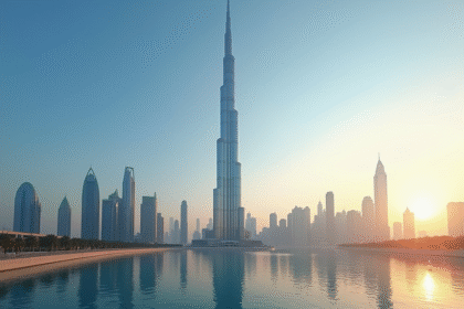 Almas Tower surplombant le skyline de Dubaï au coucher de soleil