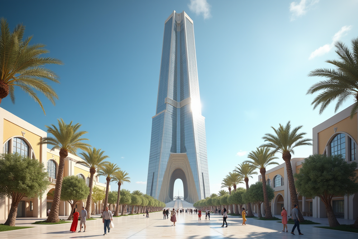 Vue de lAlmas Tower à hauteur dhomme avec détails architecturaux et vie urbaine