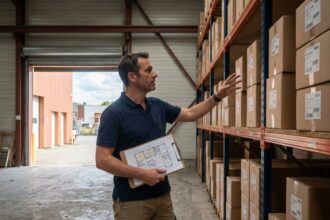 Responsable d'entrepôt dans le sud-ouest consultant un plan d'aménagement devant des rayonnages métalliques bien organisés