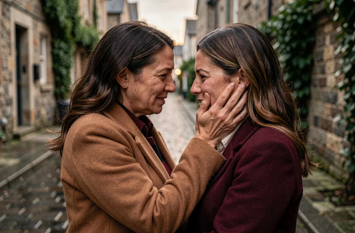 Deux meilleures amies debout face à face dans une rue pavée, les larmes aux yeux, se tenant le visage dans les mains dans un moment d'émotion intense