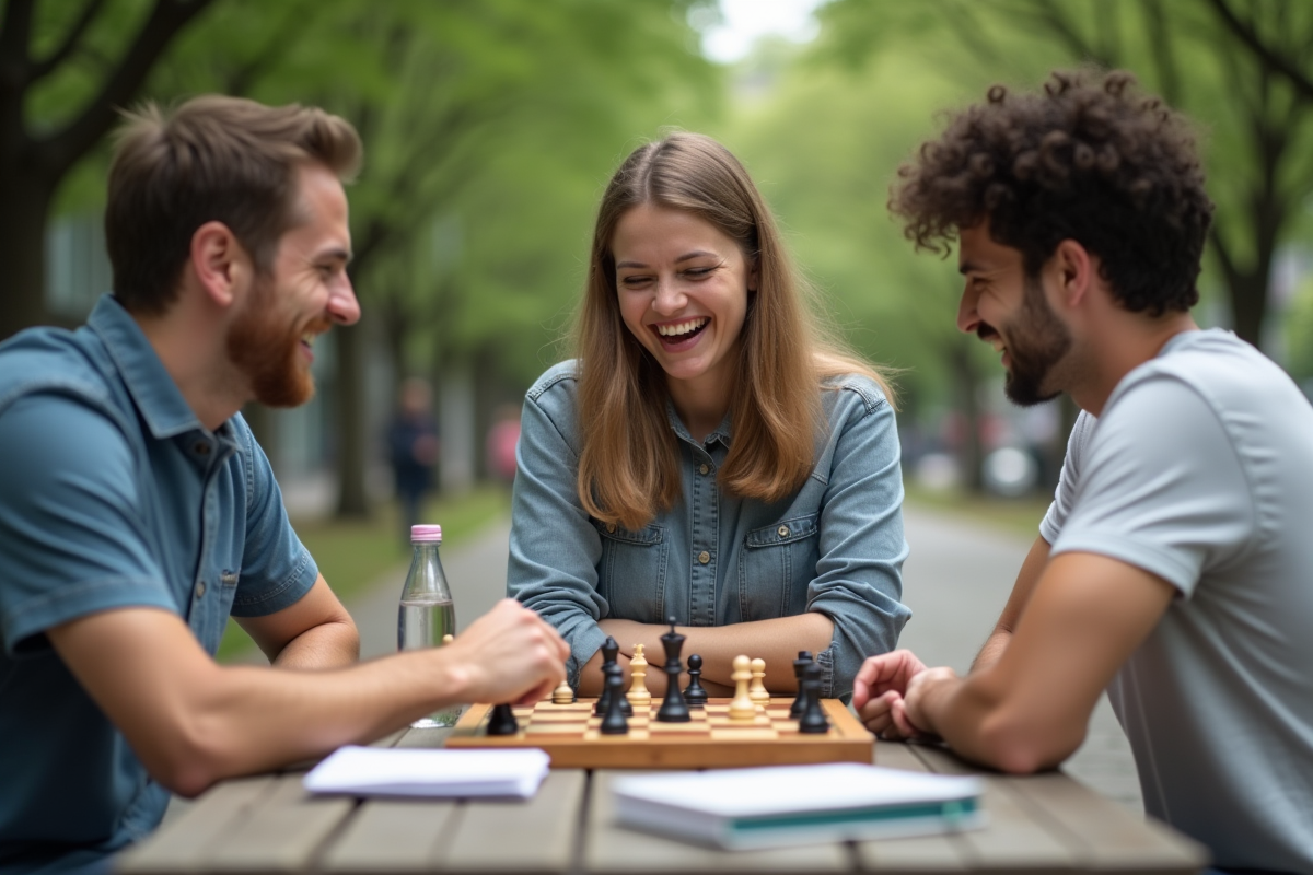 Trois amis jouent aux échecs dans un parc en plein air