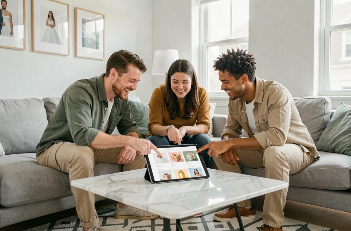 Groupe d'amis consultant des idées de cadeaux de mariage sur une tablette dans un salon moderne