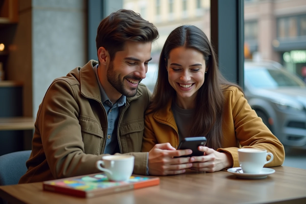 Deux amis consultant un planning de liens de dés Monopoly GO ensemble dans un café