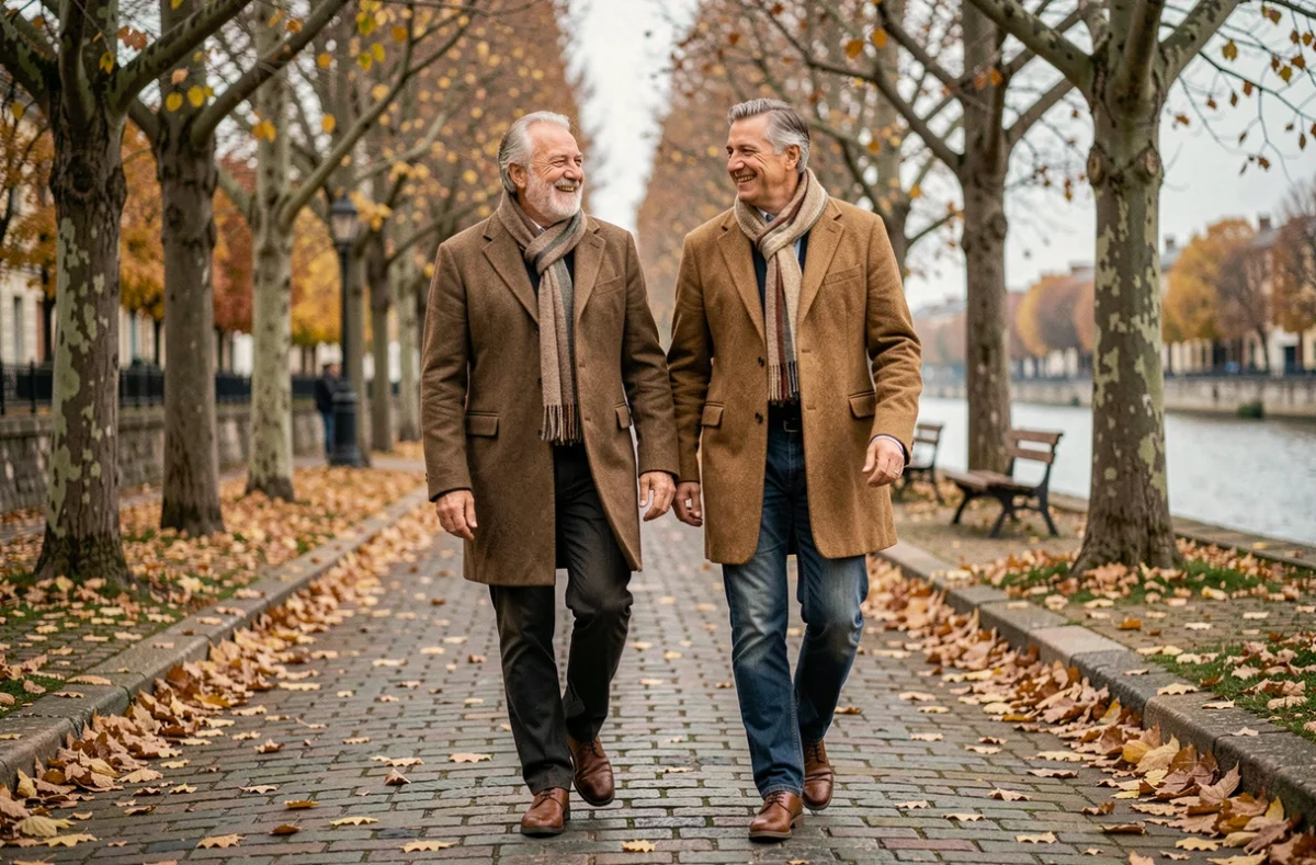 Deux amis adultes se promenant le long d'une rivière française en automne, dans une atmosphère de complicité et de nostalgie