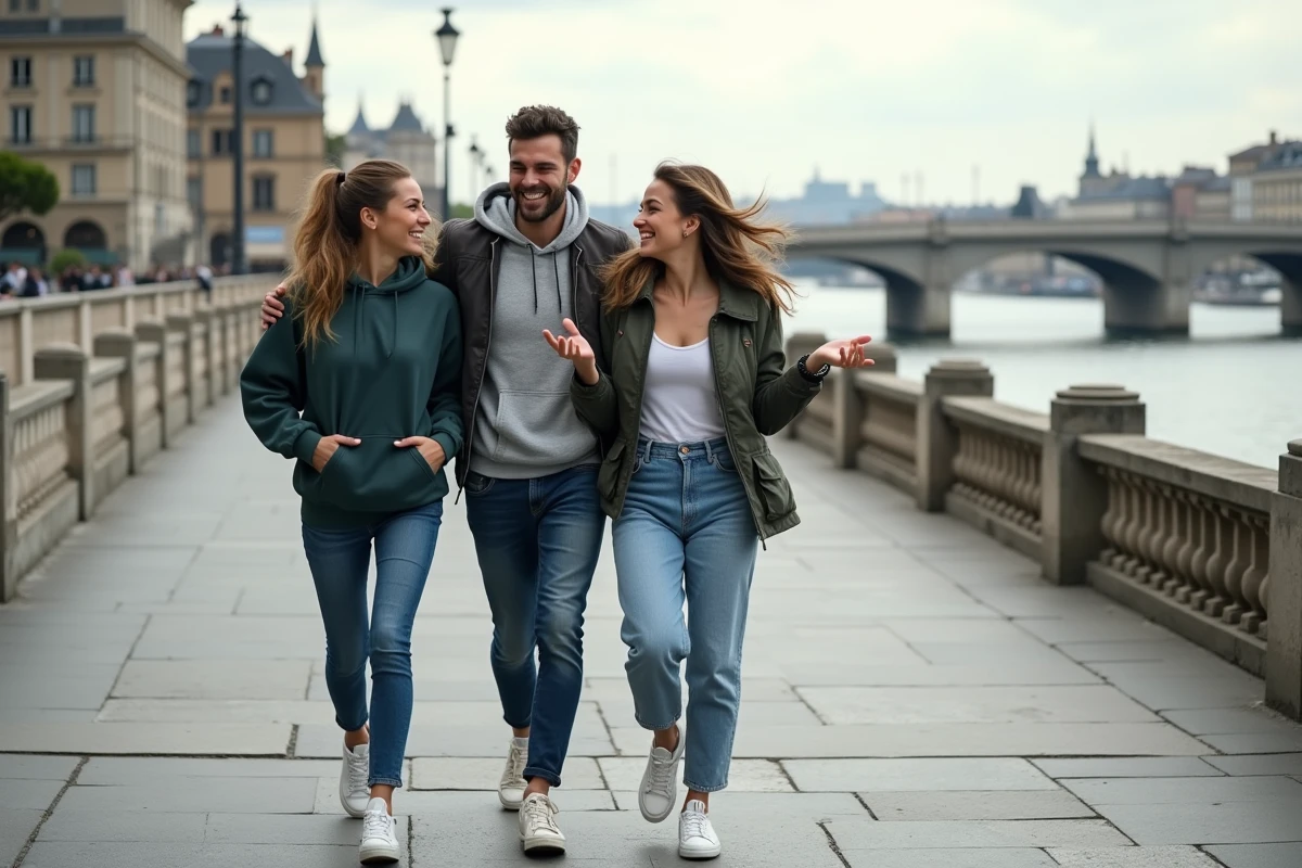 Trois amis riant sur les quais de Bordeaux avec la Garonne et le Pont de Pierre en arrière-plan