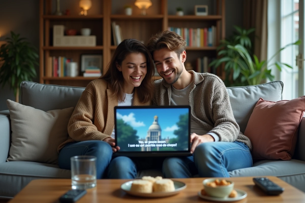 Deux amis regardant ensemble un anime en VF sur un ordinateur portable dans un salon moderne et chaleureux