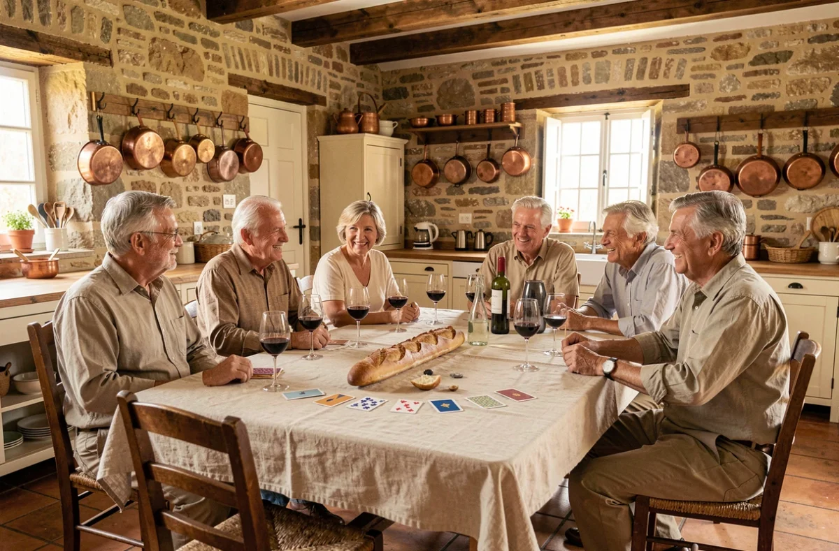 Groupe d'amis réunis autour d'une table dans une cuisine de campagne française, partageant un moment de convivialité nostalgique