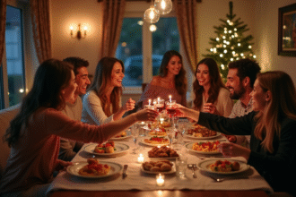 Groupe d'amis riant autour d'une table décorée lors d'une soirée élégante