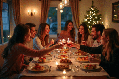 Groupe d'amis riant autour d'une table décorée lors d'une soirée élégante