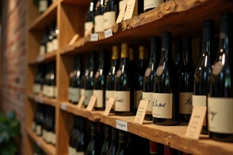 Bouteilles de And Lime alignées sur les étagères en bois d'un caviste indépendant avec des fiches de dégustation manuscrites