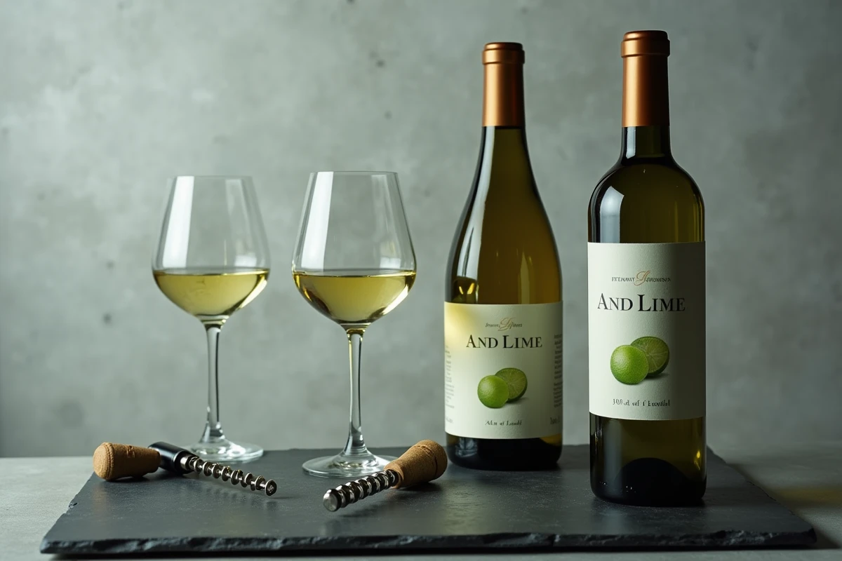 Gros plan sur deux bouteilles de And Lime sur une ardoise avec un verre de vin et un tire-bouchon lors d'une dégustation