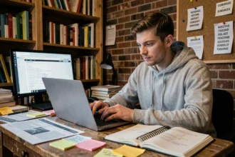 Jeune homme archivant des discussions du forum 18-25 sur son ordinateur portable dans un bureau encombré de notes et d'impressions