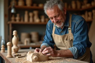 Artisan middle aged sculptant une œuvre en bois dans son atelier