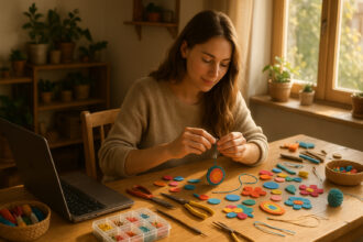 Jeune femme dans un atelier créatif à la maison