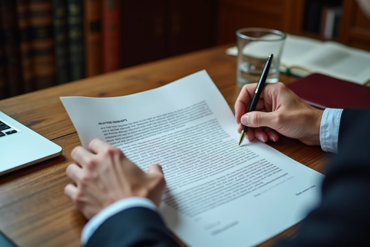 Gros plan sur les mains d'un avocat révisant un contrat juridique dans un cabinet professionnel