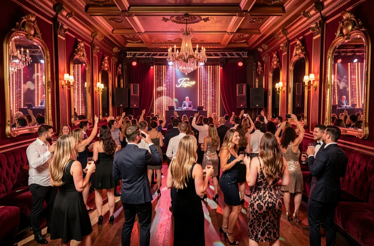 Décor théâtral du Bal Tazar à Dijon avec miroirs dorés, banquettes en velours rouge et piste de danse animée par une foule élégante