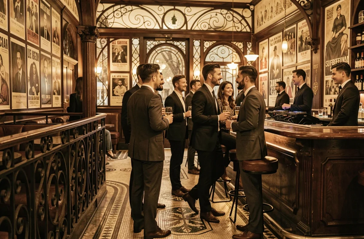 Intérieur Art Nouveau de la boîte de nuit Belle Époque à Dijon avec carrelages en mosaïque, rampes en fer forgé et clientèle élégante près du bar