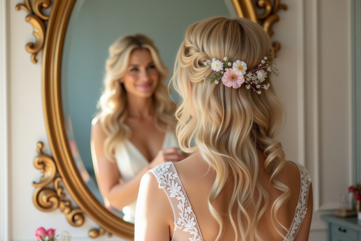 Mariée aux cheveux ondulés ajoutant une fleur dans un miroir vintage