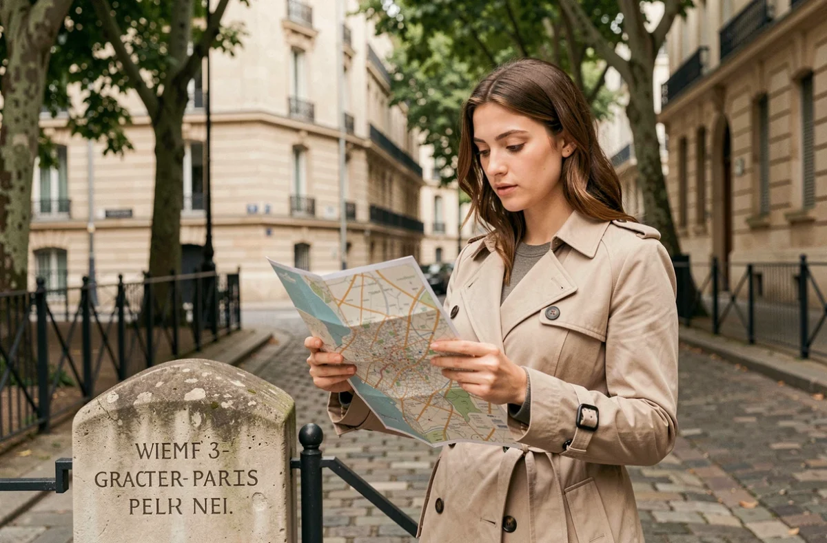 Jeune femme consultant une carte de Paris devant une borne délimitant les frontières administratives d'un arrondissement