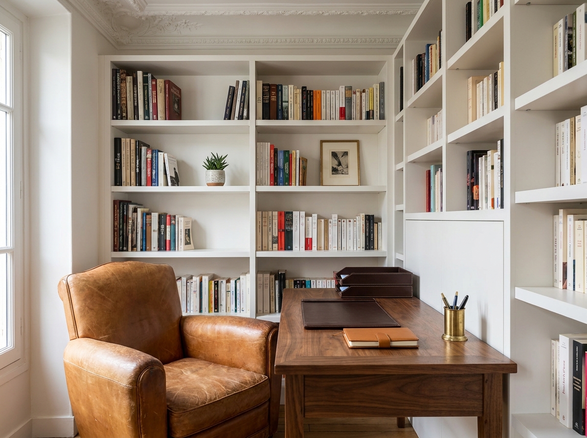 Bureau à domicile avec chaise, plateau et carnet en cuir de teintes différentes créant une ambiance harmonieuse et chaleureuse