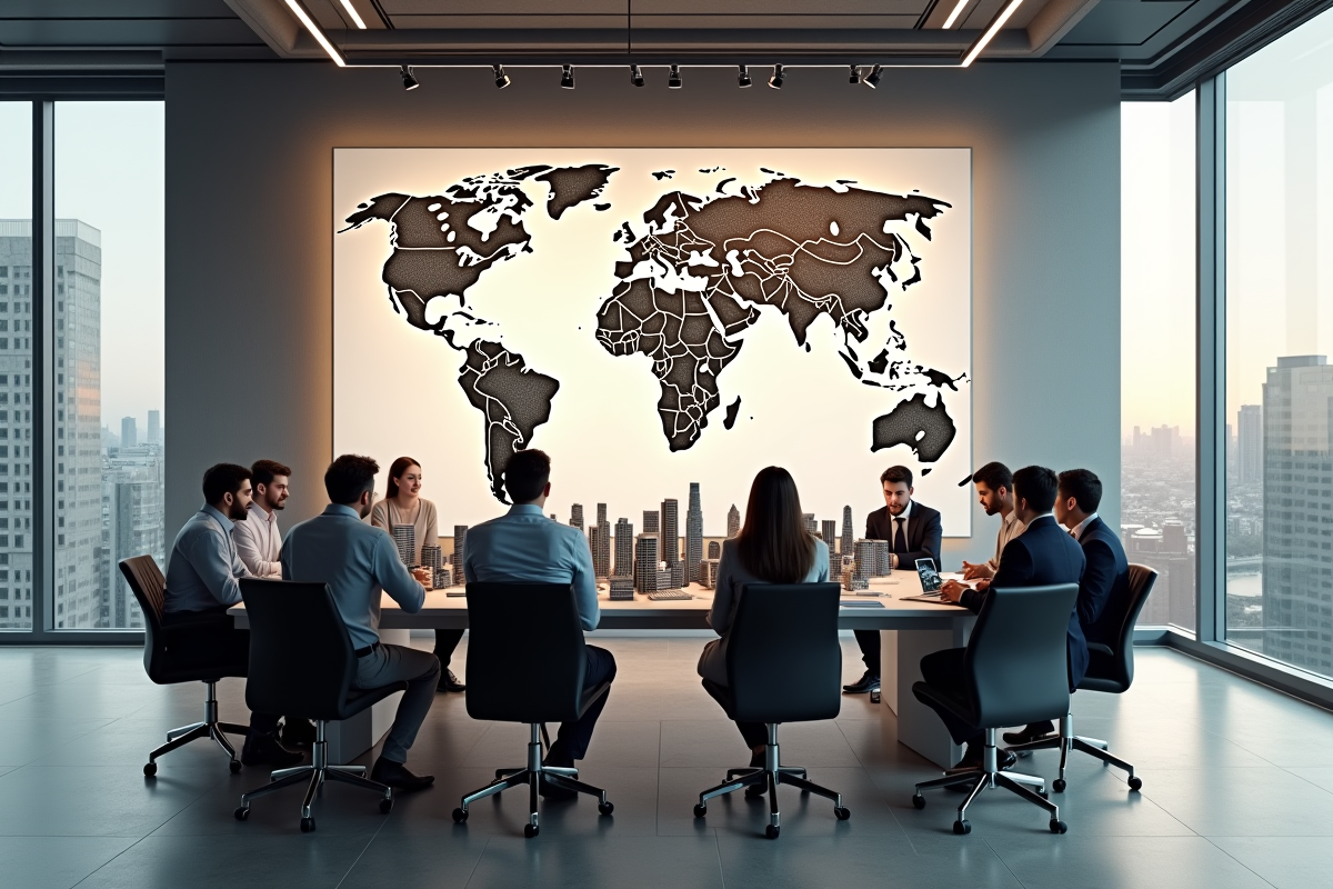 Espace de travail élégant avec carte du monde et modèles de bâtiments