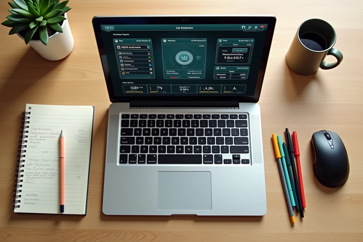 Vue à plat d'un bureau avec laptop affichant l'interface Sims 4 et des notes manuscrites sur les UI cheats