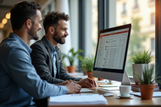 Espace de travail moderne à Lyon avec deux personnes vérifiant leurs e-mails