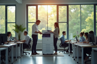 Bureau moderne avec équipe autour d'une imprimante multifonction
