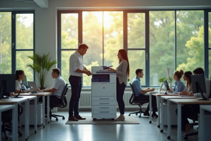 Bureau moderne avec équipe autour d'une imprimante multifonction