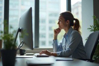 Espace de bureau moderne avec personne utilisant webmail à la lumière naturelle