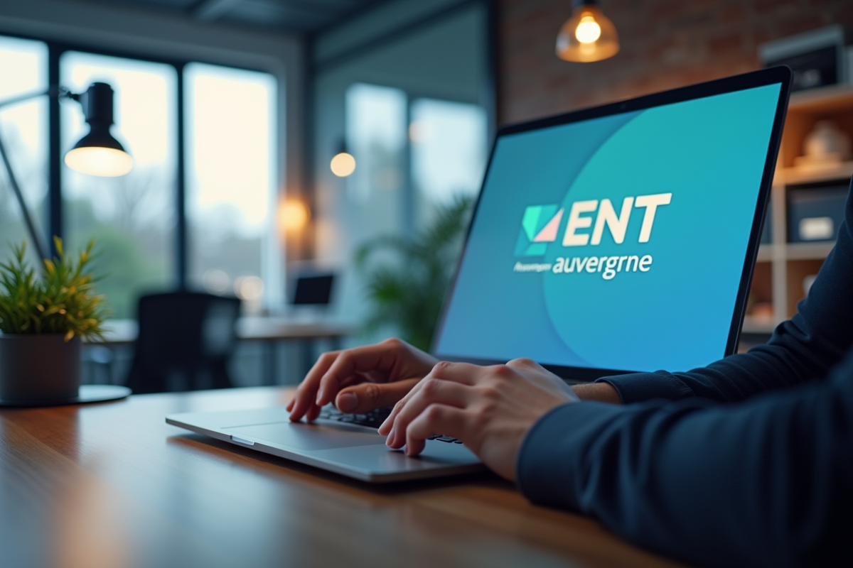 Espace de travail moderne avec écran affichant ENT Auvergne