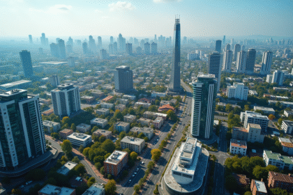 Paysage urbain vu d'en haut avec zones résidentielles commerciales et industrielles