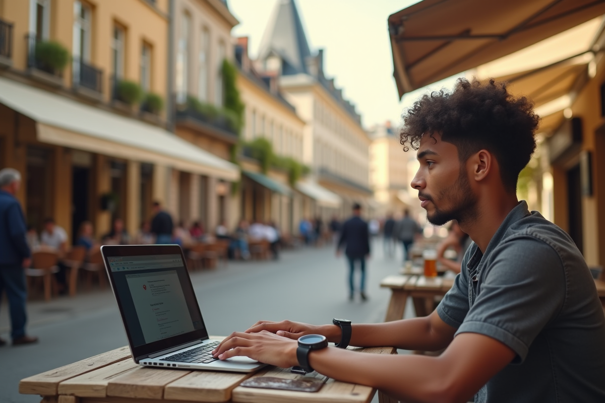 Jeune professionnel au café à Dijon utilisant son ordinateur