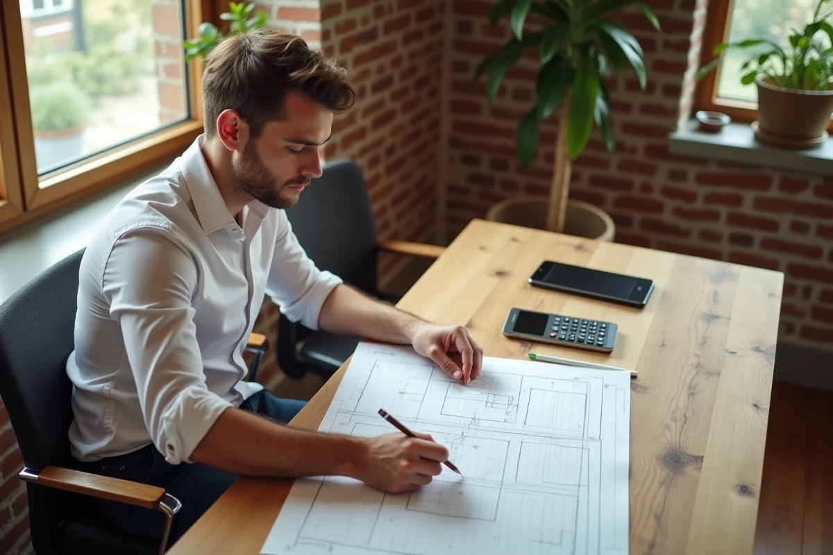 Homme calculant la superficie d'un terrain sur papier quadrillé avec règle et calculatrice