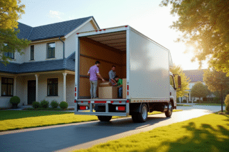 Camion de déménagement devant une maison en journée lumineuse
