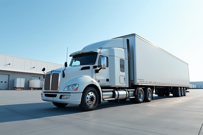 Camion semitrailer dans un centre logistique moderne en plein jour