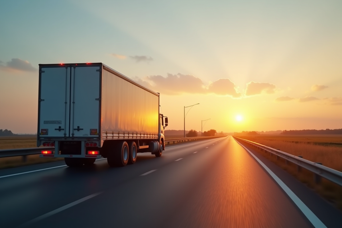 Camion en route sur une autoroute au coucher du soleil
