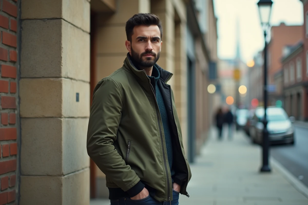 Homme discret en veste olive devant un bâtiment urbain, symbolisant la réserve sur la vie privée d'un candidat public