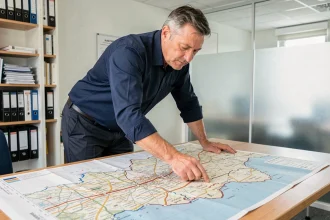 Urbaniste analysant une carte administrative de l'Île-de-France dans un bureau municipal parisien